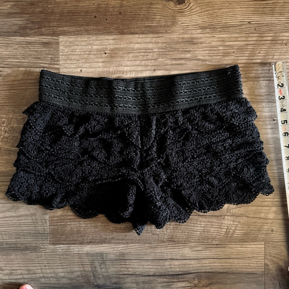 Rewind Black Lace Tiered Scallop High Waist Shorts